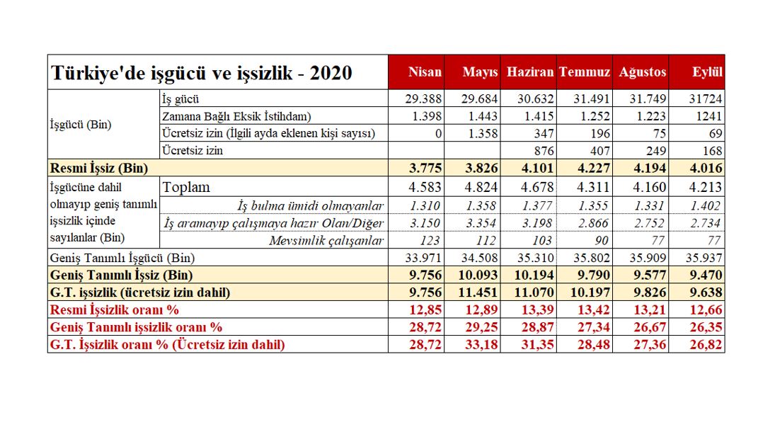 TÜİK işsizlik verisi Eylül 2020 - ana sayfa